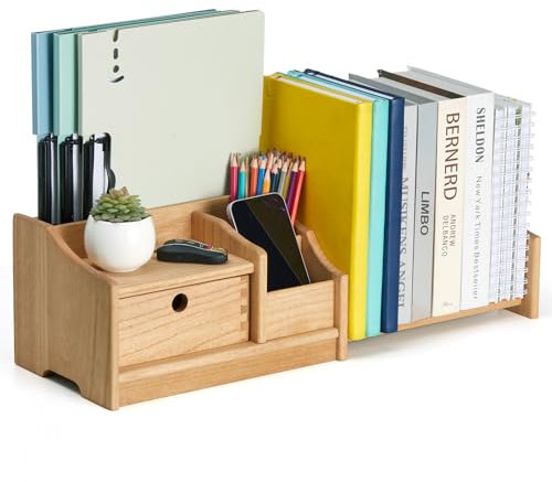 KIRIGEN Wooden Desktop Organizer with a Drawer, Adjustable Bookshelf Telescopic Solid Wood Shelf Book Storage Rack Multifunctional Bookshelf for Home and Office(S-SJ-NA)