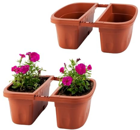 GarPet 2X Blumenkasten Balkongeländer Beidseitig Balkon Blumenkasten Doppelseitig Balkonkasten mit Halterung Geländerkasten mit Wasserspeicher Teracotta 50 cm