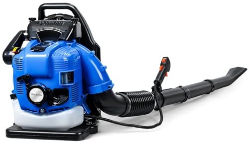Petrol Backpack Leaf Blower, 75.6cc 4-Stroke Gas-Powered Leaf Blower, Snow Grass Lawn Blowers, Ergonomic Design, Flexible Pipe, Low Emissions, for Lawn Care, Snow Removal, Debris Clearing Blue