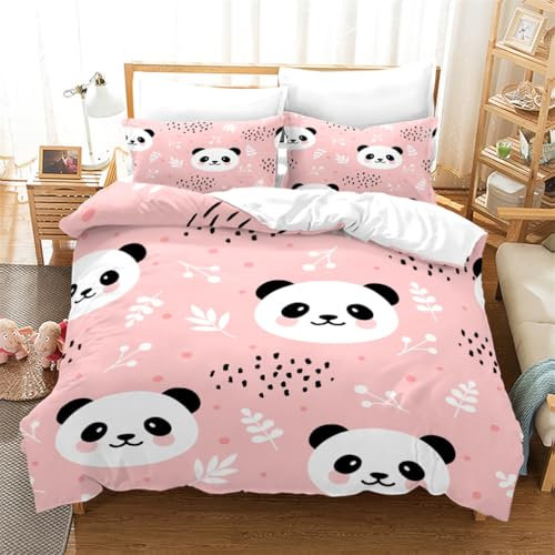 Tomifine Panda Bettwäsche, Süßer Panda Tier Bettbezüge Set mit Reißverschluss für Kinder Jungen Mädchen (135x200cm+80x80cmx2,Rosa)