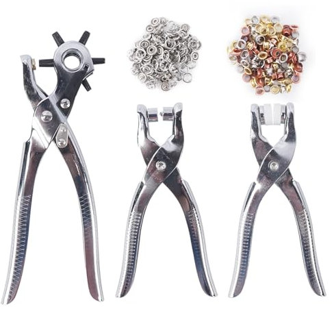Luabue Alicate Sacabocados Pinza de 6 Tamaños 2.5-5mm con Remachadora de Ojales y Alicate de Botónes Agujeros Cinturon con 100 Juegos de Ojales para Cinturón Cuero