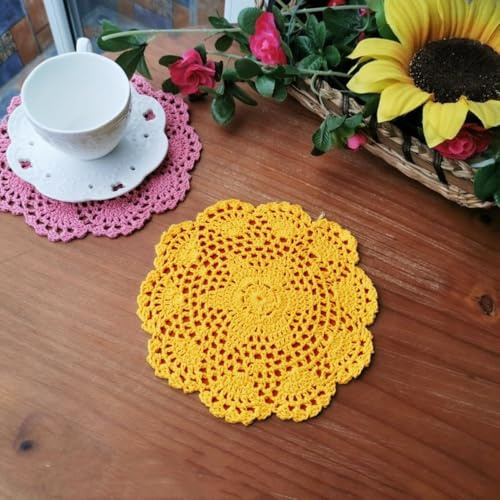 Blausky 4 Stück Runde Bestickte Tischmatte,Häkeldeckchen,Spitzendeckchen Tischset Kleine Häkeln Tischläufer Baumwolle Untersetzer,Tischdecken für Tassen Schalen Teller Vasen Antike,20 cm,Gelb