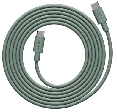 Avolt Cable 1 Slim Silicone USB-C to USB-C Charger Cable, 100W, 2m | Slim silicone USB-C cable in Oak Green, 2 m. Soft, flexible and tangle-free, 100W fast charging for phone and laptop