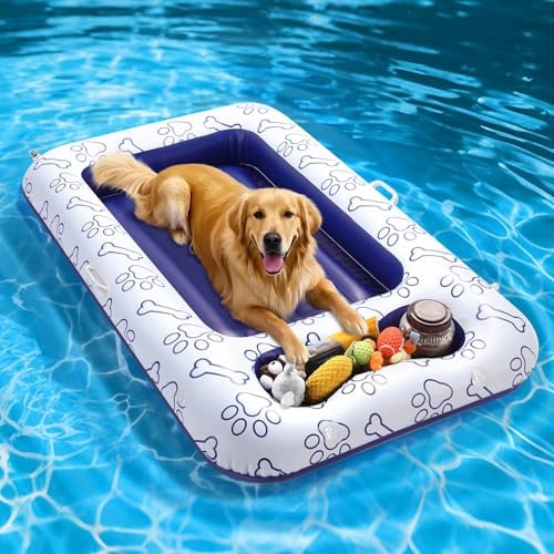 MoKo Bouée Gonflable pour Chiens, 150x90 cm pour Chiens de Taille S/M/L, Chaise de Piscine avec Compartiment de Rangement Intégré pour Jouets et Nourriture, Matelas de Piscine pour Chiens, Bleu