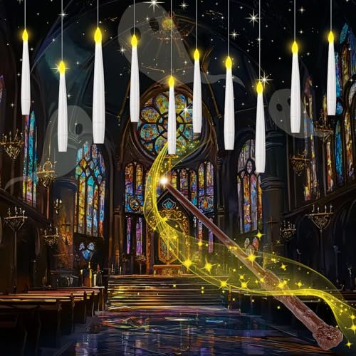 Pinlanuo Floating Candles with Wand Remote, 10PCS Battery Operated Flameless LED Taper Magic Candles, Warm Light Flickering Hanging Candle with Timer, Christmas, Party, Room Decoration