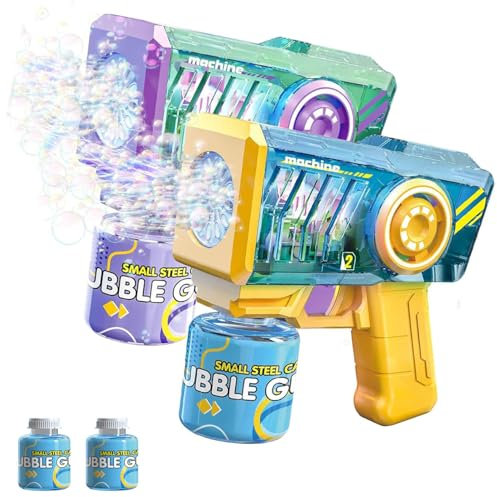 Seifenblasenpistole Kinder, 2 Pcs Bubble Gun, mit 2 Flaschen Seifenblasenflüssigkeit, 5000+ Seifenblasen pro Minute, Seifenblasenmaschine für Partys im Freien