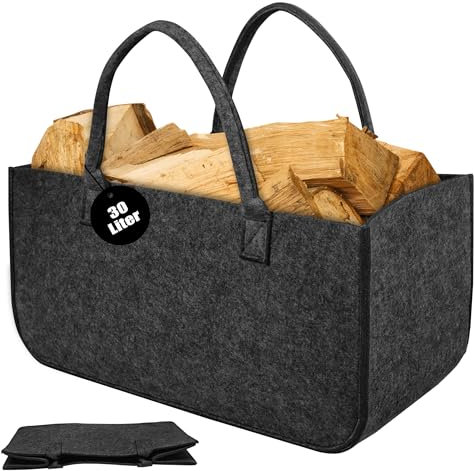 PEILU 2 Stück Filz Holzkörbe Tragbare Kaminholztasche mit Griff Faltbare Kaminholzkörbe Innen & Außen 30L Vliesstoff Aufbewahrung Tasche für Brennholz Spielzeug Bücher Einkaufen Camping (Dunkelgrau)