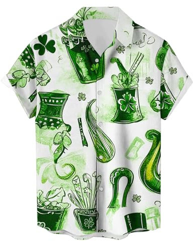 Bhnyku St. Patrick's Day Hemd Herren Kurzarm Knöpfe Revers Oberteile Modisches Grünem Hut Druck Kurzarmshirt Irischer Kleeblatt Locker Herrenhemd Irland Festival Kostüm Freizeithemden für Männer
