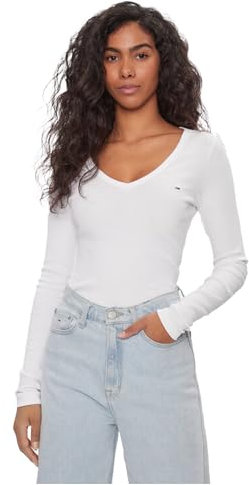 Tommy Jeans Women’s Slim Fit Essential V-Neck Logo Long Sleeve Top, White (Ecru), S