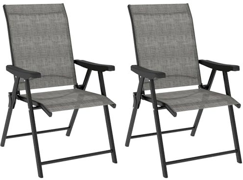 Outsunny Garden Dining Chairs Set of 2, Folding Garden Chairs with All Weather Texteline Back and Seat, Outdoor Dining Chair with Armrests, Steel Frame for Terrace Balcony, Black and Grey