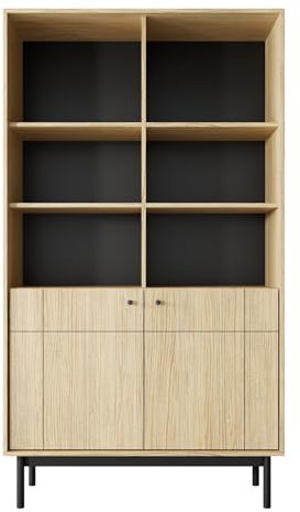 Selsey Japandies Vitrine 184,6 x 103,5 x 39 cm, minimalistisches Design, Kratzfeste laminierte Paneele, geriffelte Glasfront, robuste ABS-Kanten, Schwarze Holzfüße, Metallgriffe
