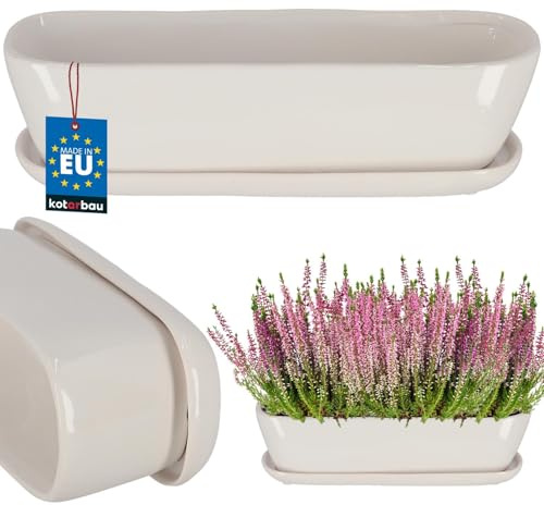 KOTARBAU® Maceta de cerámica con plato, 28 x 7,5 x 8 cm, color blanco, para plantas, balcón, interior