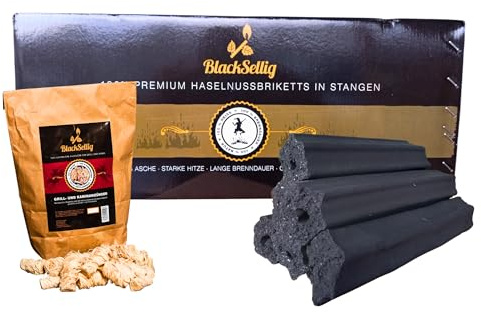Blacksellig Haselnussbriketts 8kg – Reiner Naturbrennstoff aus der Türkei – wenig Asche, Starke Hitze, Lange Brenndauer – ohne Zusätze + 800g Anzündwolle