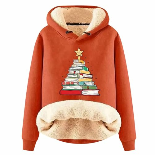 Générique Felpa natalizia da donna, con cappuccio in pile spesso, stampato a libro, con albero invernale, caldo, per feste, travestimenti, da donna, con cappuccio comodo, arancione, L