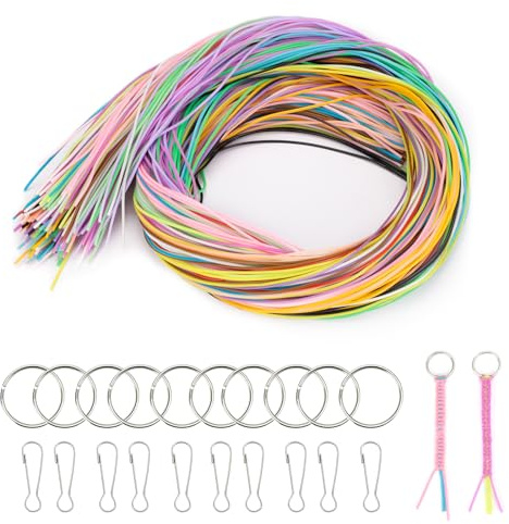 VINATO Scoubidou Bänder Set, 220-teilig - Bunte Flechtbänder für Armbänder & Schlüsselanhänger mit Karabinern & Schlüsselringen, Bastelset