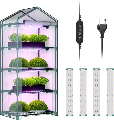 CRMCC 4-stöckiges Zimmergewächshaus mit LED-Wachstumslichtern, 68,5 x 48 x 157,5 cm, Mini-Gewächshaus, PVC-Abdeckung, dimmbar, 28 W Timer-Steuersystem für Saatgutstart und Pflanzenwachstum