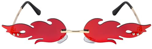 SAFIGLE Flammen Sonnenbrille randlos UV400 Party Unisex | Metallrahmen, leicht & bequem, für Karneval & Fotoshootings, stylisches Kostümaccessoire, roter Flammen-Look