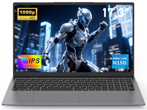 NAIKLULU 2026 Pc Portable 17.3 Pouces N150 Processor(1,2 à 3,6GHz), RAM 16GB SSD 1TB Laptop Computer Ordinateur Portable, 6000Mah/Notebook à Clavier Rétroéclairé/Carte TF/Type-C/Touchpad