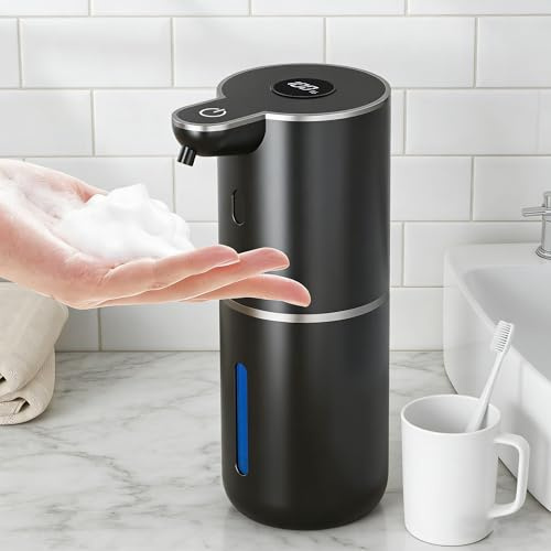 Fantictas Seifenspender Automatisch, Elektrischer Schaumseifenspender mit Display, USB-Wiederaufladbarer,6-Stufig Einstellbar, 380ml Wandmontage für Badezimmer/Küche/Geschirrspülmittel, Schwarz