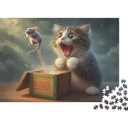 Springende Maus Überraschung nachhaltig aus recycelter Pappe bunt pädagogisch entspannend Puzzle Katze Jack-in-the-Box für Erwachsene und Familien 52x38cm / 1000 Teile