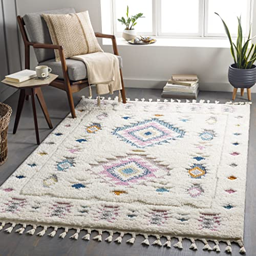 Surya Suva Teppich Schlafzimmer, Wohnzimmer, Esszimmer, Flur - Moderne Boho Teppich Geometrisches Muster - Weicher Skandinavisch Wohnzimmerteppich Blau, Lavendel, Orange, Weiß - 160x213cm Groß