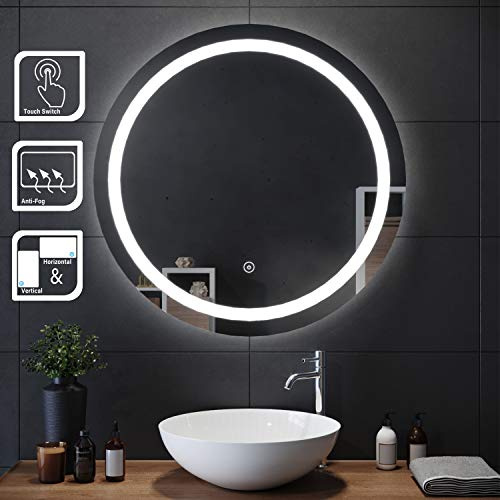 ELEGANT 600x600mm Round Illuminated LED Light Bathroom Mirror Backlit Wall Mounted Makeup Mirror with Sensor Touch control,Dustproof &Anti-fog,Cool White Light