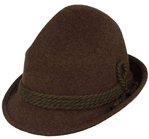 Breiter Original Herren Trachtenhut Filzhut Wanderhut Spitzkopf 100% Wolle, schmaler Krempe & Wollkordel Braun 57