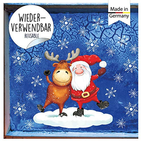 Wandtattoo Loft Fensterbilder Weihnachten Elch und Weihnachtsmann Motiv – Wiederverwendbar – A4 Bogen, 24 Sticker – Weihnachstdeko Fenster Kinderzimmer, Weihnachtsbilder Fenster, Fensterbild Winter
