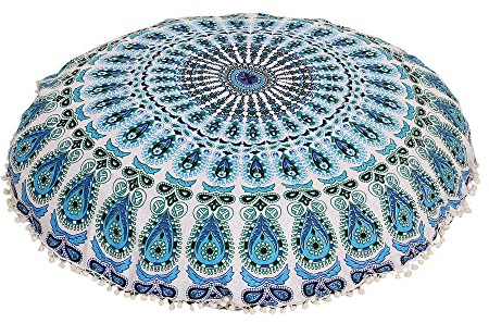 Radhykrishnafashions Indischer 81,3 cm großer Hippie-Mandala-Bodenkissenbezug – Kissenbezug – Pouf-Bezug rund Bohemian Yoga Decor Bodenkissen Fall (blau weiß)