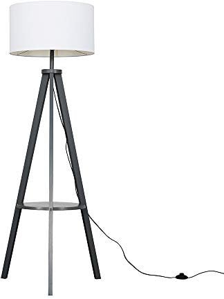 MiniSun | Modern Grey Wood Tripod Design Floor Lamp with Storage Shelf and White Drum Shade | Floor Lamps & Torchieres, Home Décor & Improvement Essential | Includes 6W LED E27 Light Bulb