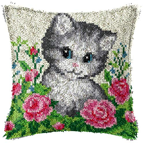 SKTWOE Knüpfteppich Für Kinder Und Erwachsene DIY Knüpfteppich Knüpfkissen Unvollendete quadratische Kissenbezüge mit bedruckter Leinwand Katze 43cmx43cm,B
