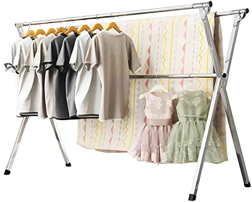 URYAN 95 Inches Clothes Drying Rack, Heavy Duty Stainless Steel Laundry Drying Rack Folding Indoor Outdoor, Portable Drying Rack Clothing, Blanket Rack Clothesline with 20 Windproof Hooks