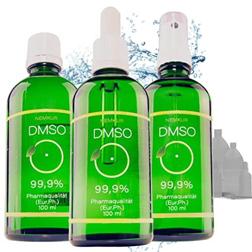 Nemkur DMSO 100ml DMSO 99,9 l Pharma Qualität mit Teflon Deckel DMSO Dimethylsufoxid mit Pipette Sprühkopf, Roll On (3x100 ml)