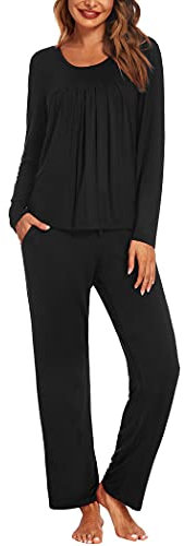 Ekouaer Pigiami Donna Cotone Manica Lunga Pigiama Invernale Due Pezzi Abbigliamento da Notte Tasche con Coulisse, Nero, M