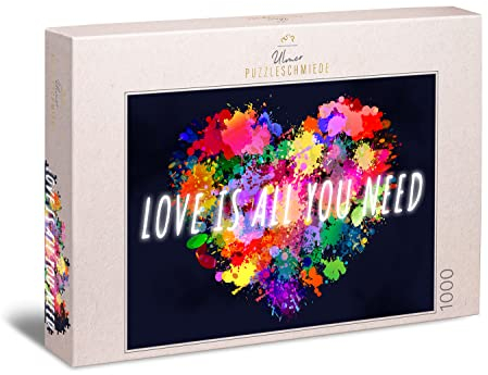 Ulmer Puzzleschmiede „Love is All You Need“ - Zeitgemäßes Valentinstag-Puzzle mit 1000 Teilen - Bunte Herz-Illustration als Farb-Spektakel - Moderne Kunst als Puzzle-Design