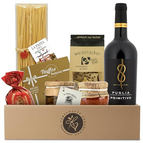 Präsentkorb Kulinarik Italien gefüllt mit trockenem Rotwein und italienischen Delikatessen | Pasta, Pesto, Oliven, Weinkracker, Trüffel | Geschenkkorb für Männer & Frauen zu Geburtstag, Weihnachten