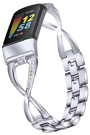 Chofit Ersatzband kompatibel mit Fitbit Charge 6 / Charge 5 Riemen, Metallband aus Edelstahl, Armband mit X-förmigen Kettenarmband, Zubehör zum Aufladen 5 Aktivitätsmessgeräte, 14-21 cm