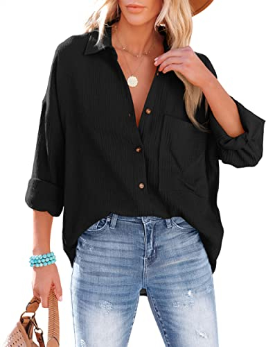 NONSAR Bluse Damen Lässiges Hemd mit V-Ausschnitt 100% Baumwolle Lockere Passform Solide Dickes Oberteil Elegant mit Tasche(9353XL,Schwarz)