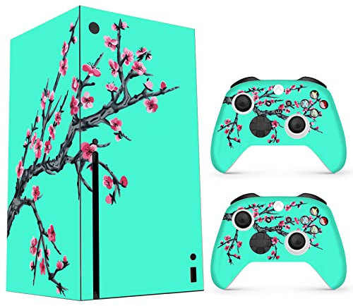 HK Studio Blaugrüne Kirschblüten-Aufkleber für X-Box Serie X, ohne Blasen, wasserdicht, vollständiger Schutz, inklusive 2 Controller-Skins und Konsolen-Skin