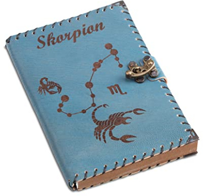 QUAMOD Notizbuch Tagebuch aus echtem Leder (12 Sternzeichen Design) Journal, Reisetagebuch, Skizzenbuch, A5 unlinierte Kraftpapier - 14x20cm, 100 Blätter-200 Seiten, Geschenke (Blau, Krebs)