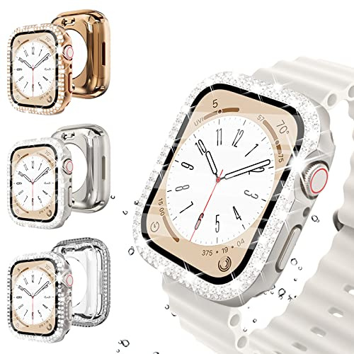 WINGLE 3 confezioni di custodie impermeabili compatibili per Apple Watch 44 mm serie SE 6 5 4, copertura protettiva completa per le donne, oro rosa/luce stella/trasparente