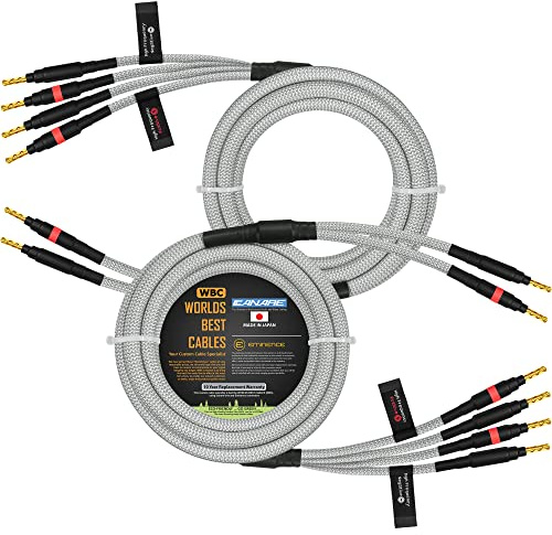 WORLDS BEST CABLES 3.5 Meter - Canare 4S11 - Braid (White + Steel) – Audiophile Grade - HiFi Star-Quad Bi-Wire Speaker Cable Pair with Eminence Gold Banana Connectors