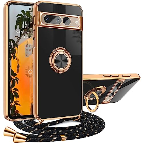 XCYYOO Handykette Google Pixel 8 Pro Hülle mit Band Google Pixel 8 Pro Handyhülle 360 Grad Ring Ständer Luxuriös Galvanisierte Kratzfest Schutzhülle Silikon Bumper Stoßfest Kette, Schwarz
