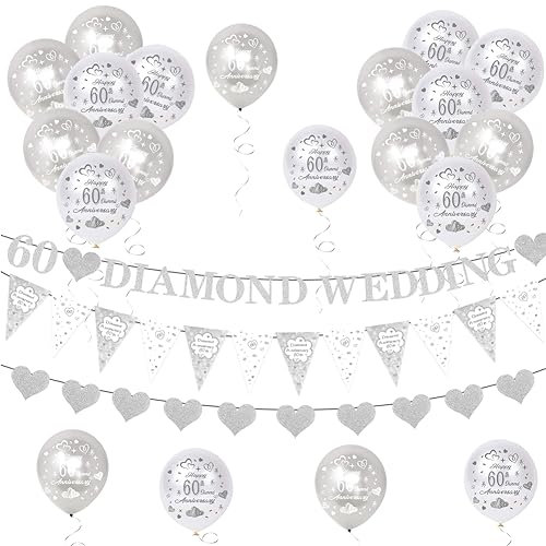 Basong Diamond Wedding Anniversary Decorations, 60th Wedding Anniversary Decorations include 60th Anniversary Balloons, Banner Silvery Heart Bunting Satin Sash for 60th Couple Anniversary Party