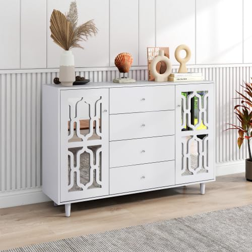 SogesHome Hochschrank Highboard Beistellschrank Wohnzimmer Aufbewahrungsschrank Weiß verspiegelte Anrichte mit kühlen Kristallgriffen, für Wohn- und Esszimmer, 147,5 x 40 x 102 cm