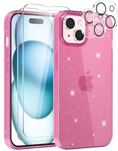 YIRSUR Glitter Clear Case Compatible with iPhone 15 with 2 Pack Screen Protector with 2 Pack Camera Lens Protector, Soft TPU Bumper Anti-Scratch Shockproof Transparent Sparkly Case for iPhone 15 -Pink