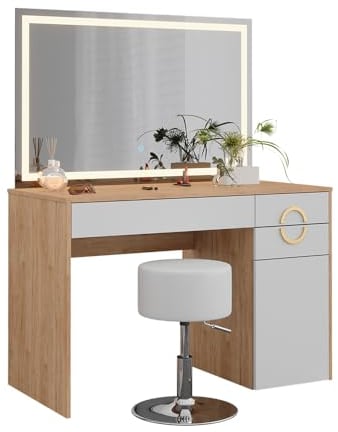 Vicco Schminktisch Adela, Weiß/Natural Rockford Hickory, mit LED-Spiegel & Hocker