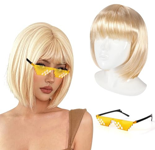 Gerade Kurze Charmante Bob Perücken, Bob Perücke Wig mit Bangs für Frau Natur Synthetische Faser Party Cosplay Karneval Fasching Kostüm Cabaret Tägliche Perücke, mit Sonnenbrille, Hell Gold
