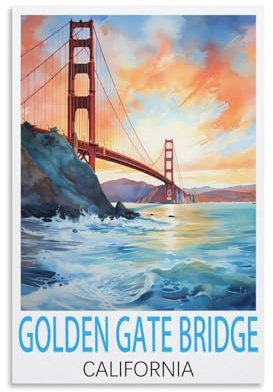 KmoNo Golden Gate Bridge California Vintage-Reiseposter, 20 x 30 cm, Wanddekoration, Gemälde, Leinwand, Wandkunst, Wohnzimmer, Poster, Schlafzimmer