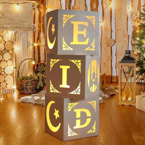 Mecctuck Ramadan Deko,3 Stück Eid Hohlboxen mit Lichtern,Eid Mubarak Dekoration,Ramadan Mubarak Dekoration,Islamische Deko,Ramadan Lichterkette,Transparent Ballon Box für Muslim Ramadan Kareem Party